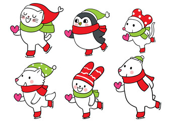 Cartoon cute Christmas and new year animals and heart vector.