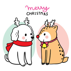 Cartoon cute Christmas and new year dog and deer vector.