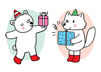 Cartoon cute Christmas and New year bear and fox and presents vector.