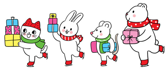 Naklejka premium Cartoon cute Christmas and New year animals and presents vector.