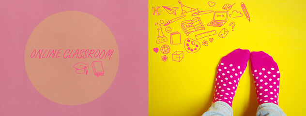 colorful pink polka dot sock with doodle online classroom symbol education yellow banner background