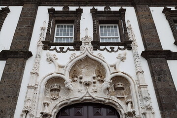 Decorations of the facade of the church of Sao Sebastiao, Sao Miguel island, Azores