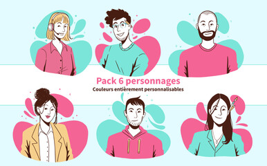 Pack de 6 personnages/avatars style corporate : entreprise, managers, collaborateurs. Couleurs personnalisables.