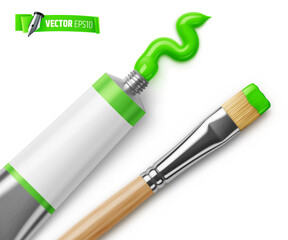 Vector realistic illustration of a green paint tube and a paintbrush on a white background.