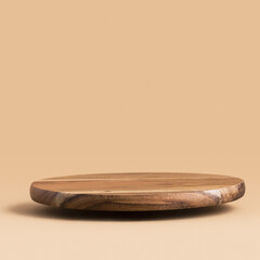 Round wooden floating podium for food, products or cosmetics against bright brown background.	
