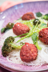 Vegan soy protein meatballs with vegetables