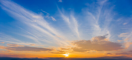 Naklejka na ściany i meble Panorama twilight, beautiful color sunset sky background.