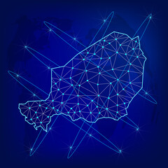 Global logistics network concept. Communications network map Niger on the world background. Map Republic of  Niger with nodes in polygonal style. EPS10. 
