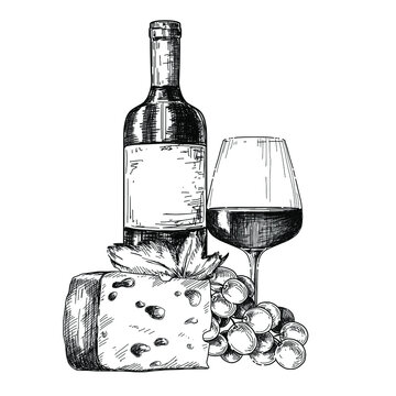Hand drawn ink art, wine. Etching vintage drink illustration isolated on white background. Vector drawing.	