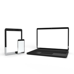 laptop, phone and tablet mockups stacked and isolated on a white background 