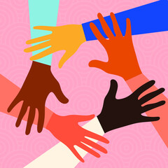 Obraz premium Hands of people of different nationalities and religions. Feminism concept design for cards, posters with pink background. Activists stick together. Vector.