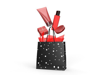 black spotted gift bag with cosmetic products and gift boxes hovering over it in an explosive matter 3d render isolated white backgtound 