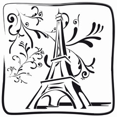 Illustration Dessin à la Main Tour Eiffel Paris avec Décor Feuillage sur Fond Blanc - Architecture Moderne - Style Noir et Blanc