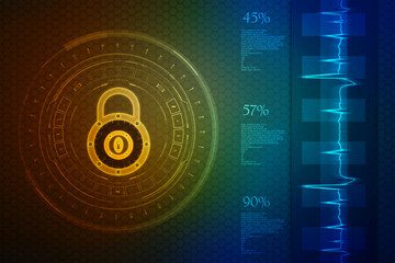 Digital Padlock on abstract technology background, Technology security concept. Modern safety digital background. Protection system, Cyber Security and safety information, personal data concept.