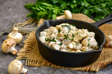 Creamy chicken with mushrooms and parmesan. Home made italian ketogenic meal