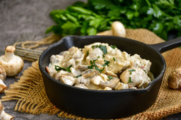 Creamy chicken with mushrooms and parmesan. Home made italian ketogenic meal