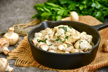 Creamy chicken with mushrooms and parmesan. Home made italian ketogenic meal