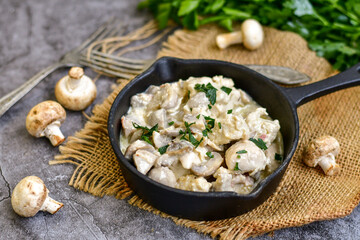 Creamy chicken with mushrooms and parmesan. Home made italian ketogenic meal