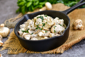 Creamy chicken with mushrooms and parmesan. Home made italian ketogenic meal