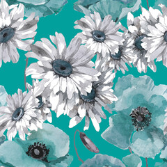 Poppies and chamomiles watercolor on turquoise background seamless pattern for all prints.