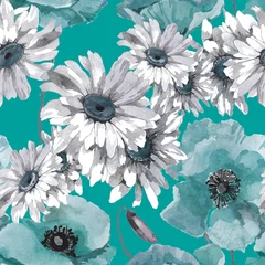 Washable wall murals Turquoise Poppies and chamomiles watercolor on turquoise background seamless pattern for all prints.