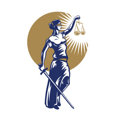 Justice Goddess Themis on the background of sun, lady justice. Logo design with the Statue of Femida for law firm, lawyers, rights attorneys, business law firm.