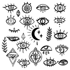 Obraz premium Doodle Eyes hand drawn set. Mystic Symbols Boho collection. Evil Eye, Crescent moon and crystals art.