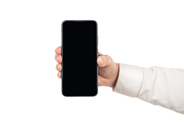 mobile phone screen copy space in male hand isolated on white, advertising