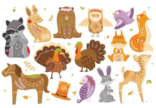 Autumn Fall Thanksgiving Woodland Animals Clipart Illustrations with Scandinavian Decals