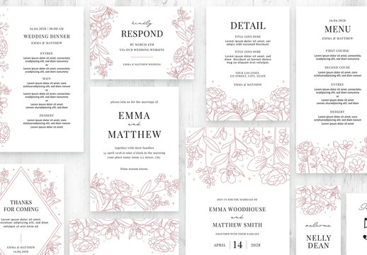 Minimal Wedding Invitation Suite with Elegant Floral Art Illustrations