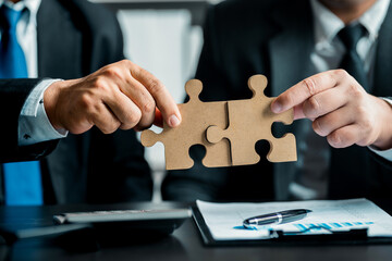 close up of business people connecting couple puzzle wood jigsaw, teamwork, success, goals,...