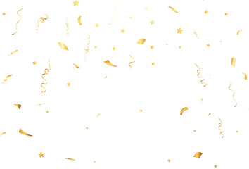 Golden confetti falls on a beautiful background. Falling streamers on stage. 