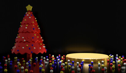 3d rendering gold display podium with Christmas tree in dark room