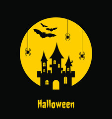 Black silhouettes of castle, spiders and bats on a background of yellow full moon. Halloween flat illustration