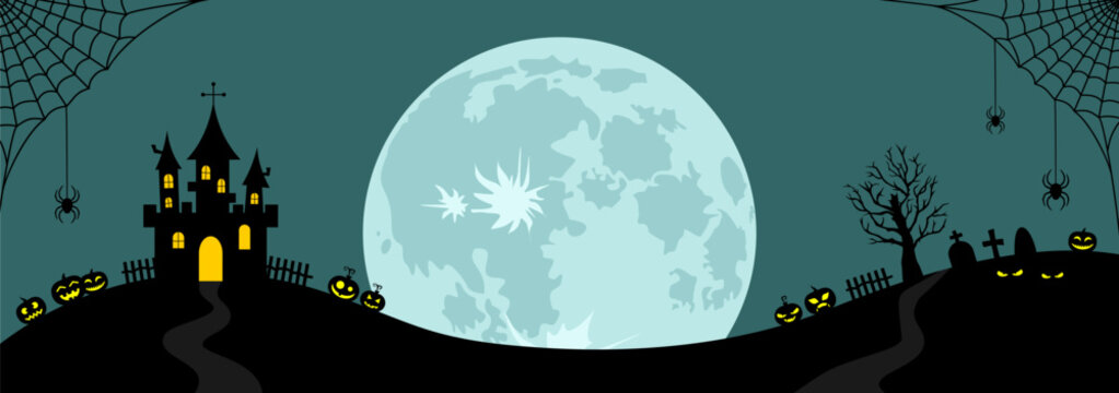 Full moon and black silhouettes of castle, spiders on web, pumpkins, graveyard on a blue background with copy space. Halloween banner. Flat vector illustration
