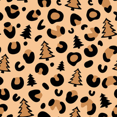 Christmas leopard print. Christmas tree Leopard Pattern. Camouflage leopard vector seamless pattern on beige background. Leopard skin texture. 