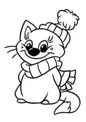 Cat winter clothes hat scarf illustration outline