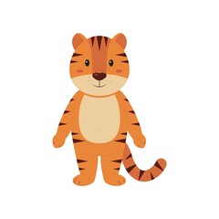 Cute cartoon striped little tiger cub. Children decor. New Year's symbol of 2022. Vector illustration in flat style isolated on a white background. 