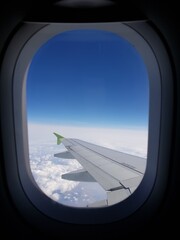 Airplane wing in blue sky