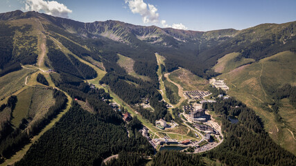 Fototapeta na wymiar Aerial view of the Jasna recreation center in Demanovska Dolina in Slovakia