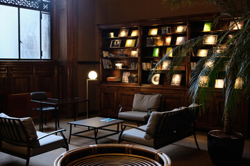 Interior design a a of luxury studio with plants and elegant various accessorieInterior design of...