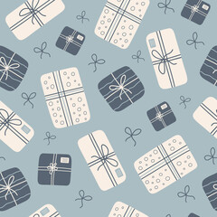Hand drawn  seamless pattern with stylish gift boxes and bows on  blue background. Modern vector illustration	
