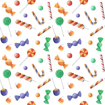 Halloween candy seamless pattern. Many types spooky dessert. Colorful treats background