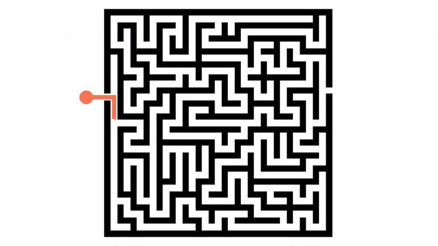 Red line starting from a starting point entering a maze and finding its way to the exit to arrive at the end point on a white background