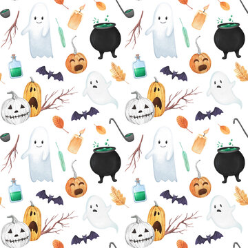 Halloween ghosts, pumpkins and potions seamless pattern. Spooky Halloween background