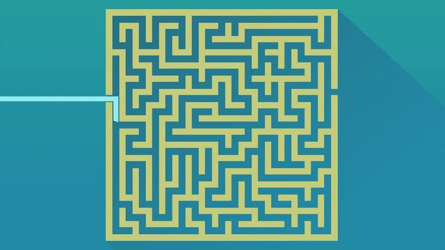 Blue line entering a maze with yellow walls and successfully finding its way to the exit on a blue background (flat design)