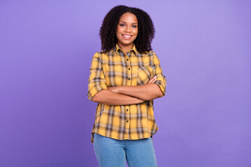 Photo of self-assured business lady folded arms wear checkered shirt isolated violet color...