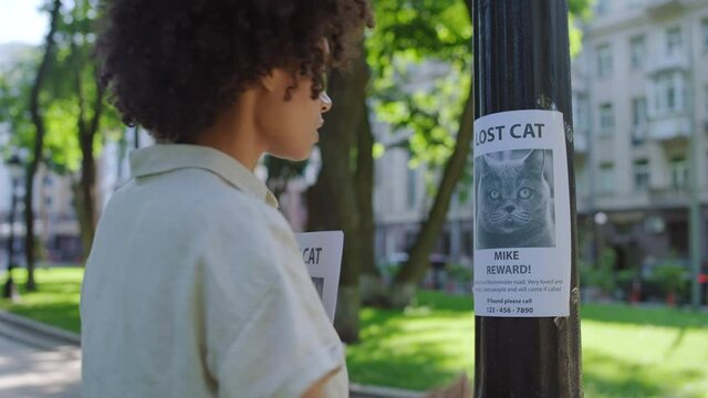 Sad woman with looking for lost cat, hanging posters with missing pet photo