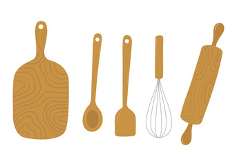 Hand drawn kitchen wooden items. Doodle vector illustration of cute baking tools: rolling pin, whisk, spoon, cutting board. Kitchenware collection