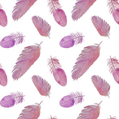Pink feathers watercolor hand painted seamless pattern. Watercolor feathers background.